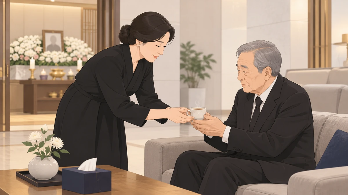 빈소 옆 휴게 공간에서 며느리가 노년의 시아버지에게 따뜻한 차를 건네는 모습