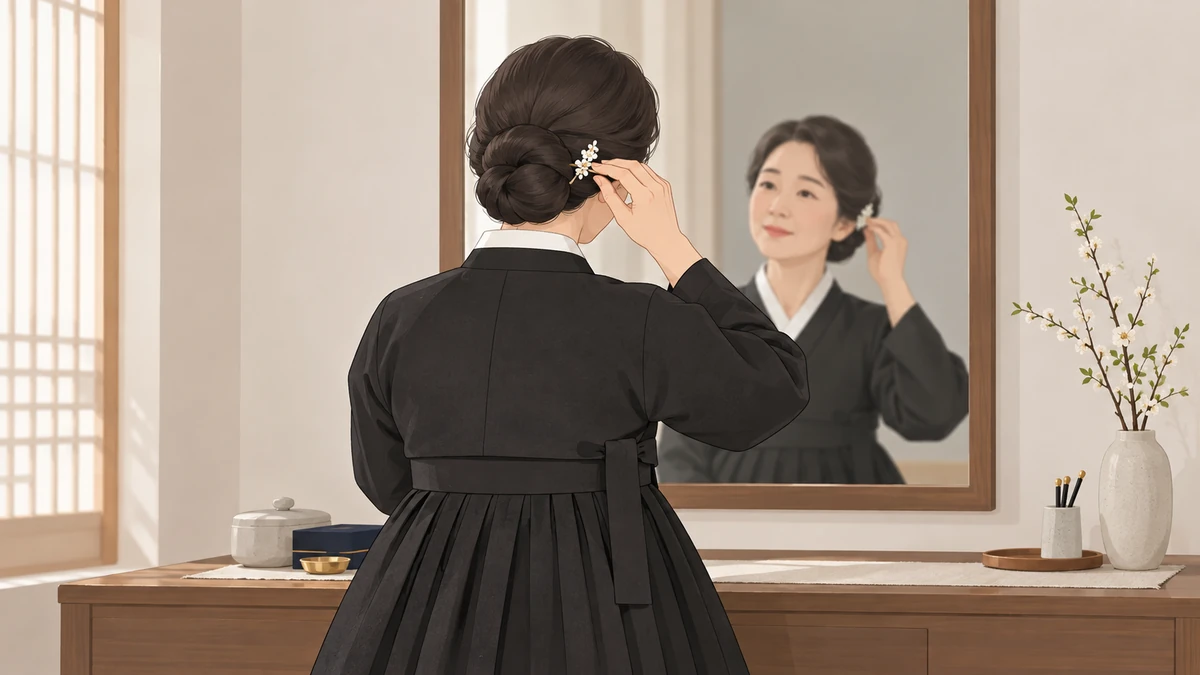 장례식장 탈의실 거울 앞에서 중년 여성이 검은 한복 차림으로 머리 오른쪽에 작은 흰 머리핀을 꽂는 뒷모습
