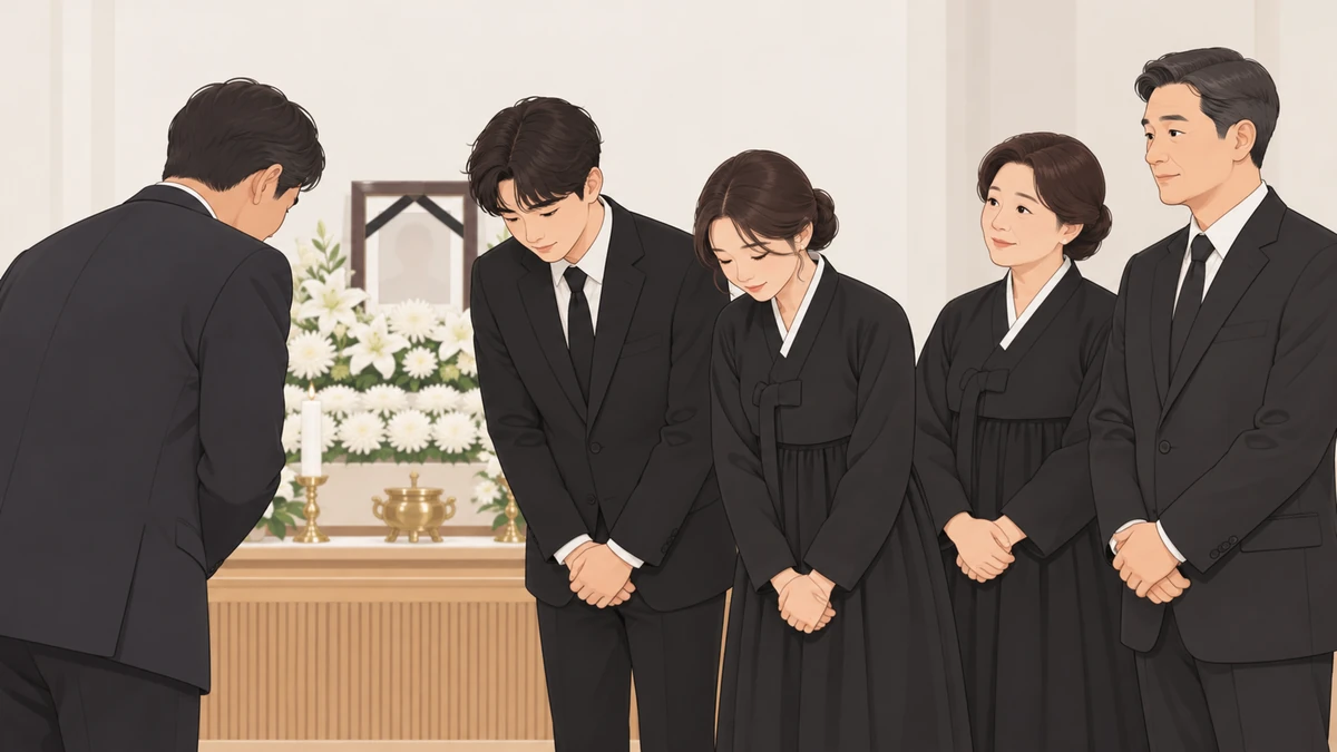 빈소 앞에서 상복 차림의 젊은 조카 둘과 그 옆에 선 중년의 고모와 삼촌이 함께 조문객을 맞는 모습