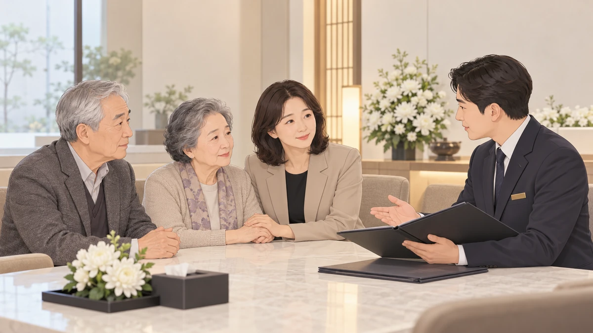 장례식장 상담실에서 중년 여성이 노부모 곁에 앉아 장례지도사와 일정을 의논하는 모습