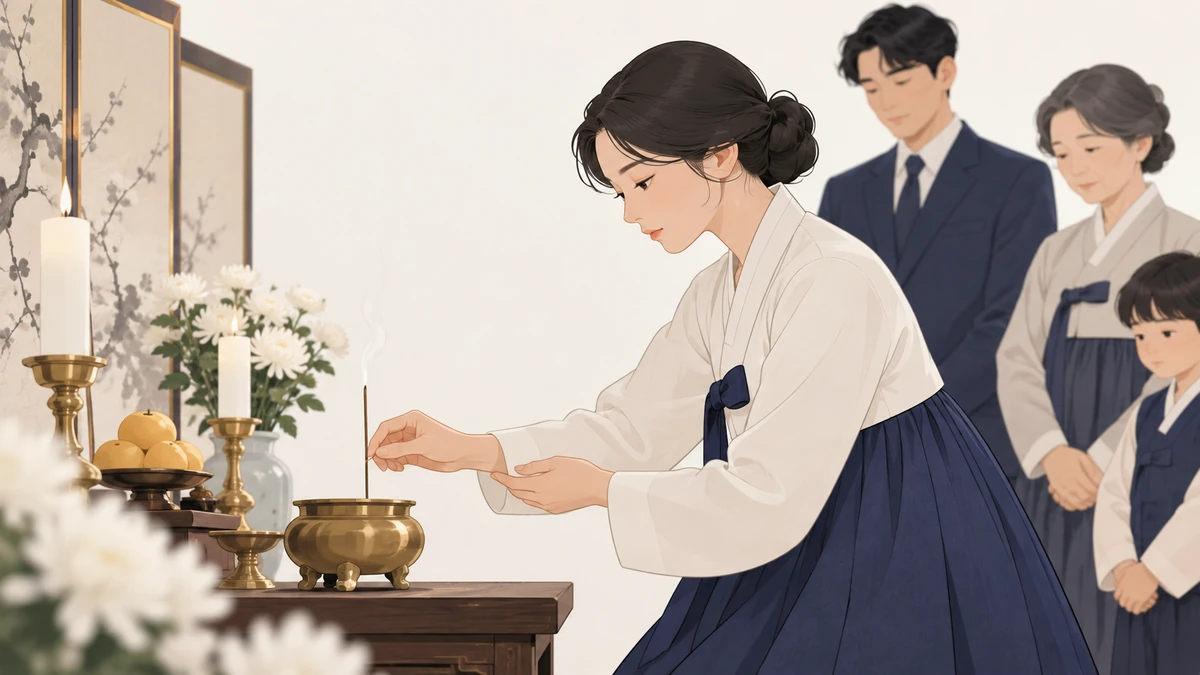 오른손으로 향을 잡고 왼손으로 받친 채 향로에 향을 꽂는 손 모습