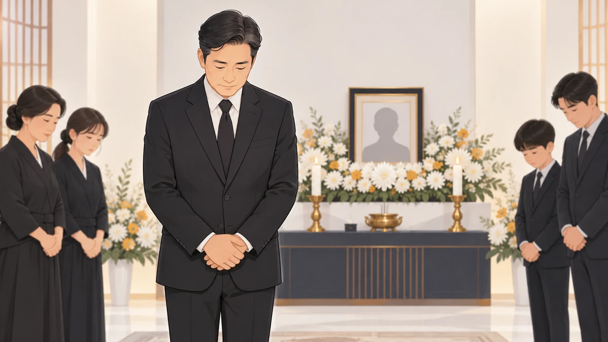 검은 정장을 입은 중년 남성이 오른손을 위로 두 손을 모으고 절하기 전 바른 자세로 선 모습