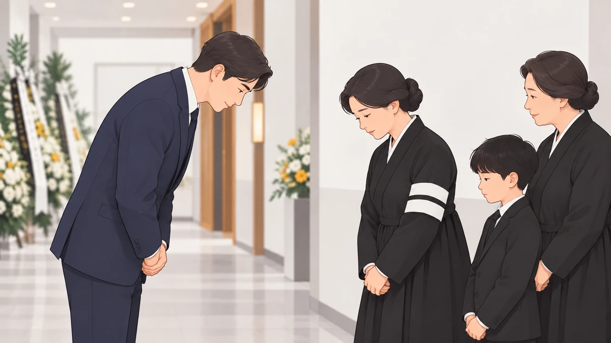 조문객이 검은 상복에 완장을 한 상주에게 고개 숙여 짧게 위로 인사를 건네는 모습