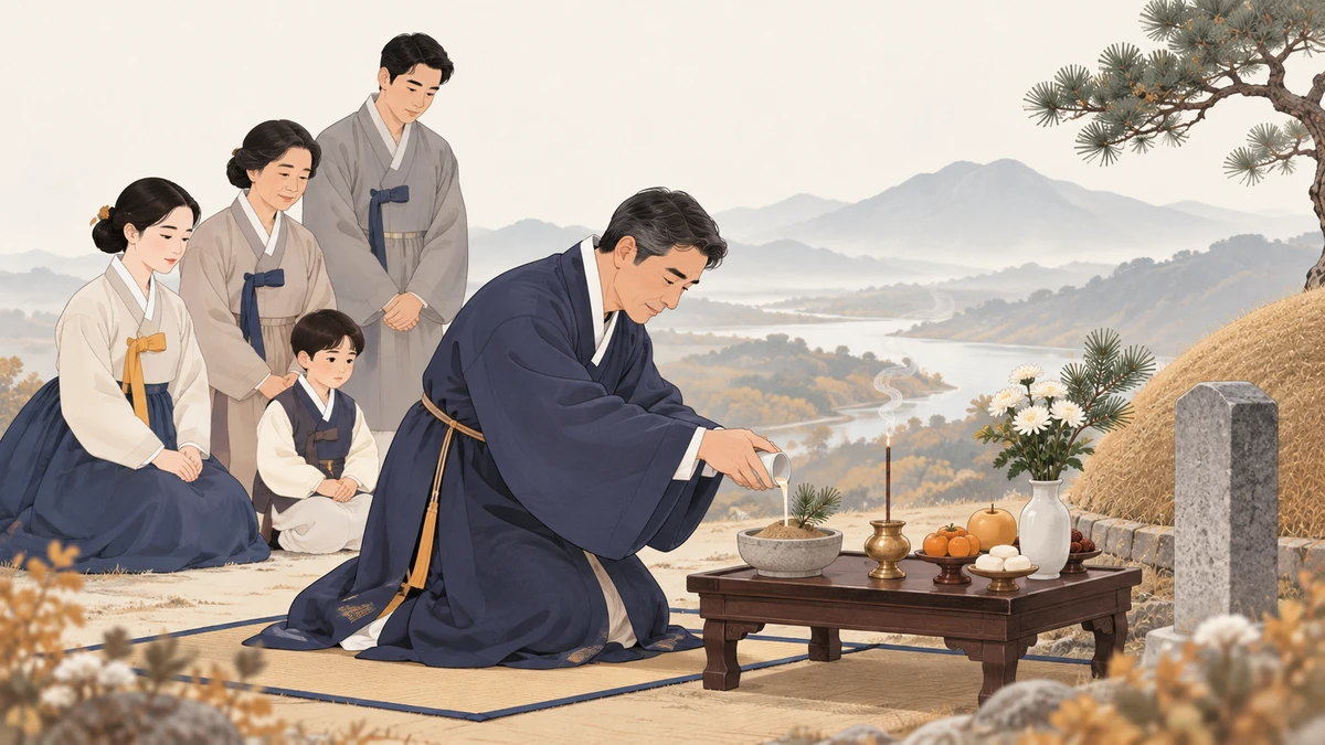 한복 차림의 중년 남성이 제사상 앞에 꿇어앉아 잔의 술을 모사 그릇에 붓고 가족이 뒤에서 지켜보는 강신 장면