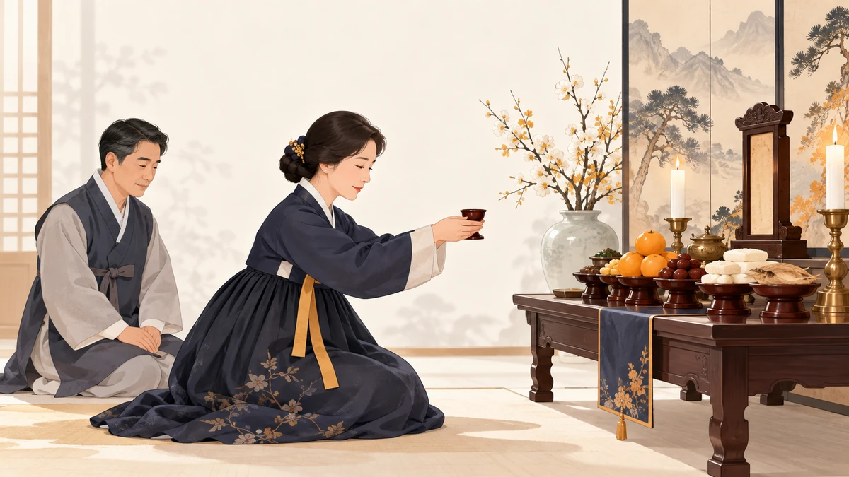 단정한 한복 차림의 중년 여성이 두 손으로 술잔을 들어 제사상에 올리는 아헌 장면