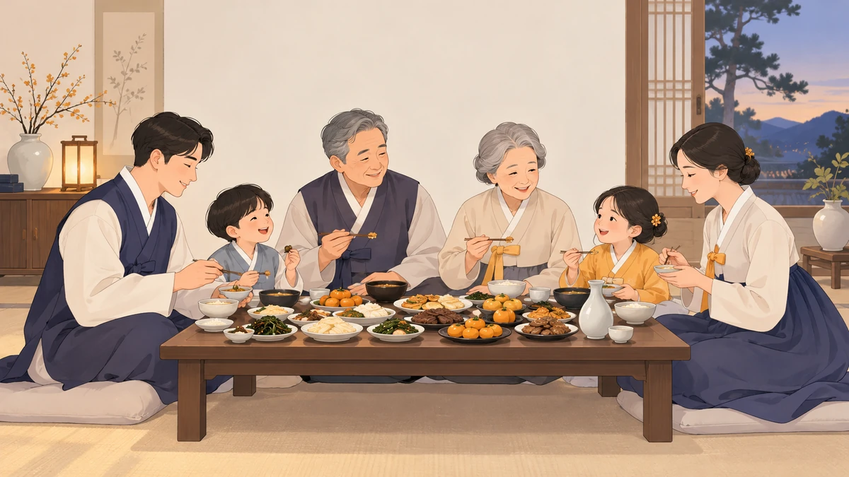 제사를 마친 가족이 둘러앉아 제사 음식을 나눠 먹는 음복 장면