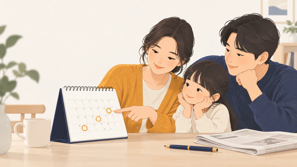 가족이 식탁에 앉아 탁상 달력에 동그라미 친 날짜를 손으로 짚어 보는 모습, 옆에 접힌 신문
