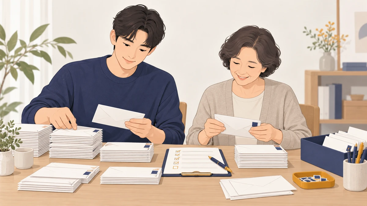 아들과 어머니가 책상에 앉아 채권자에게 보낼 우편 봉투와 목록을 함께 정리하는 모습