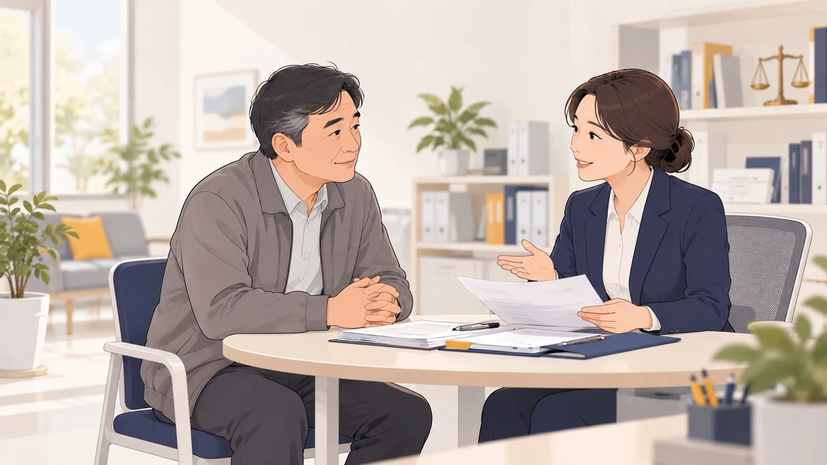 중년 남성이 법률 상담 창구에서 상담사와 마주 앉아 서류를 두고 상담받는 모습