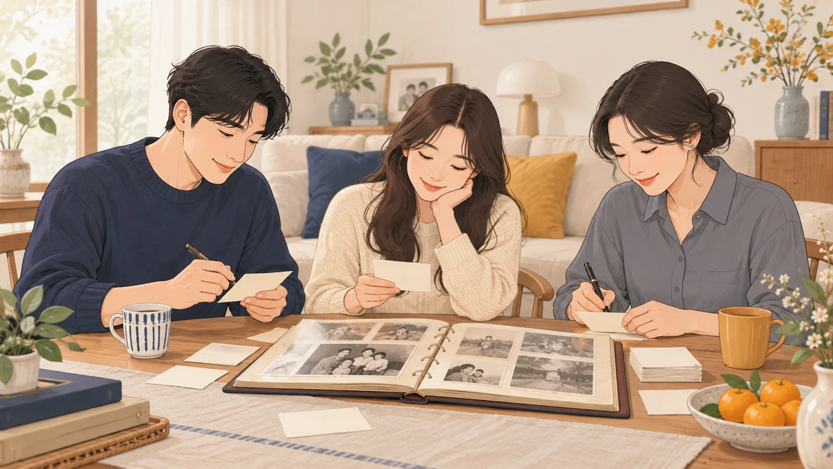 형제자매 셋이 거실 탁자에 가족 앨범을 펼쳐 두고 비석 문구 후보를 메모지에 적는 모습