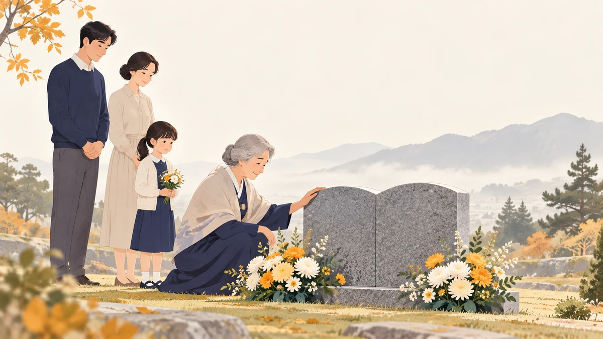 노년 여성이 부부 합장묘 비석에 손을 얹고 가족이 뒤에서 지켜보는 모습