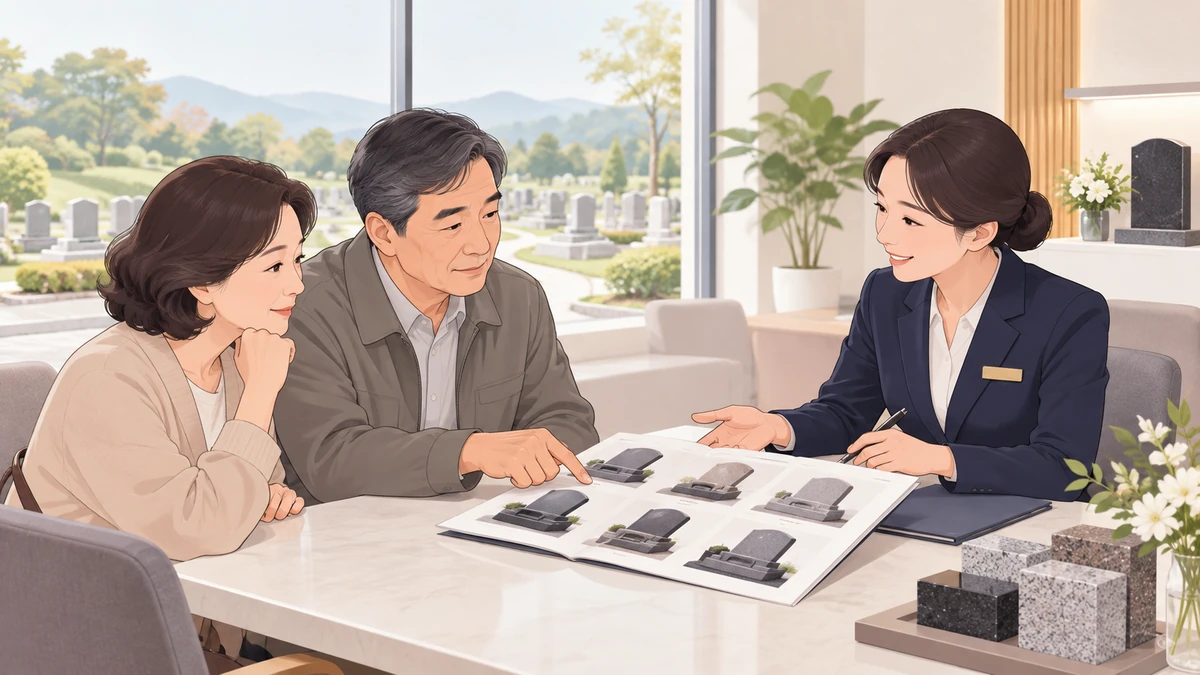 중년 부부가 묘지 관리사무소에서 직원과 비석 모양 안내 책자를 함께 보는 모습