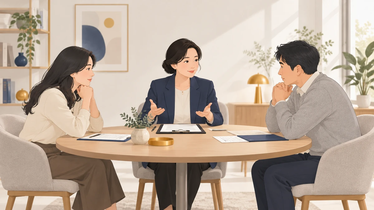 조정실 원탁에 조정위원과 두 상속인이 마주 앉아 이야기를 나누는 모습