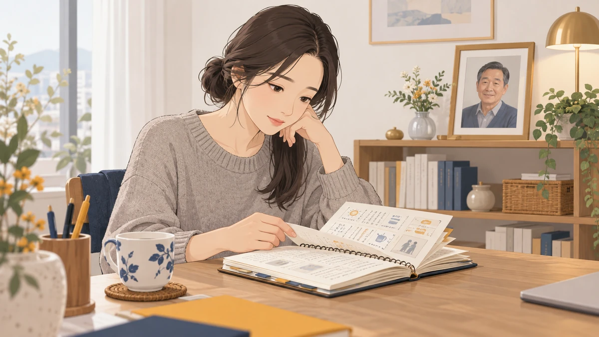 딸이 집 책상에 앉아 아버지를 돌보던 시절의 간병 기록 노트를 넘겨 보는 모습