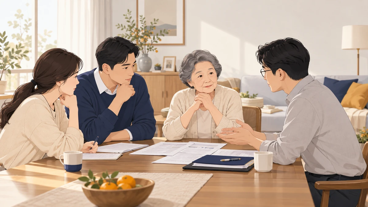 노년 어머니와 성인 자녀 셋이 식탁에 서류를 두고 함께 상의하는 모습