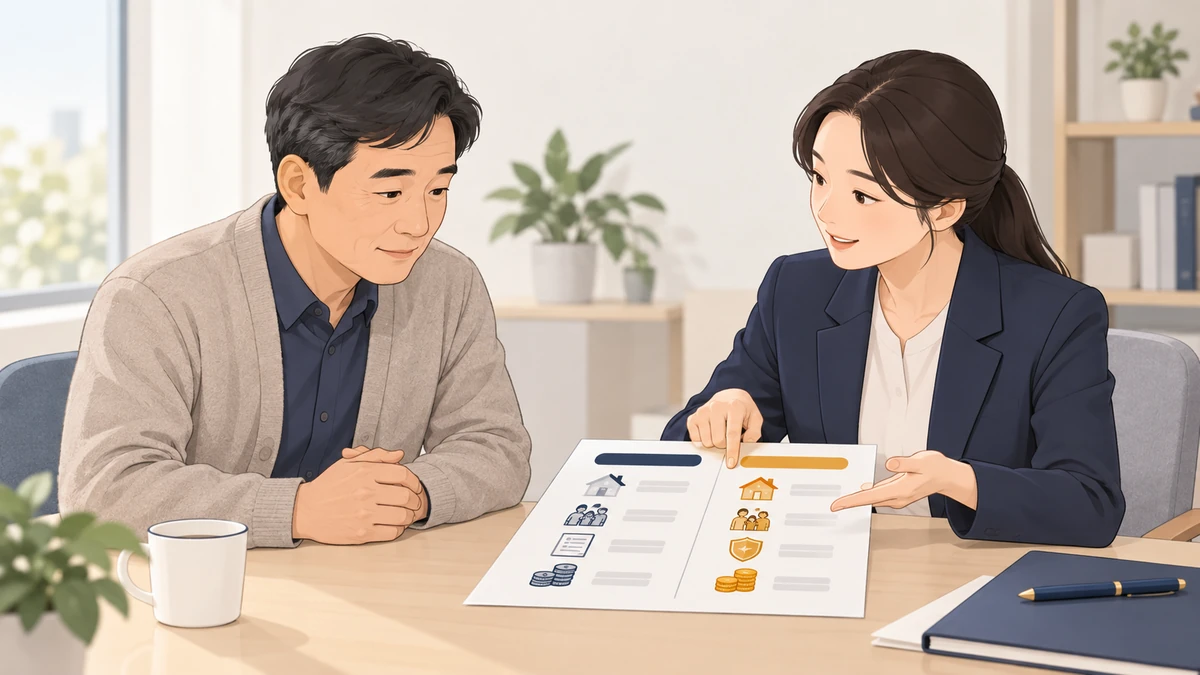 상담실에서 중년 남성과 상담사가 두 갈래로 나뉜 안내 자료를 보며 비교하는 모습