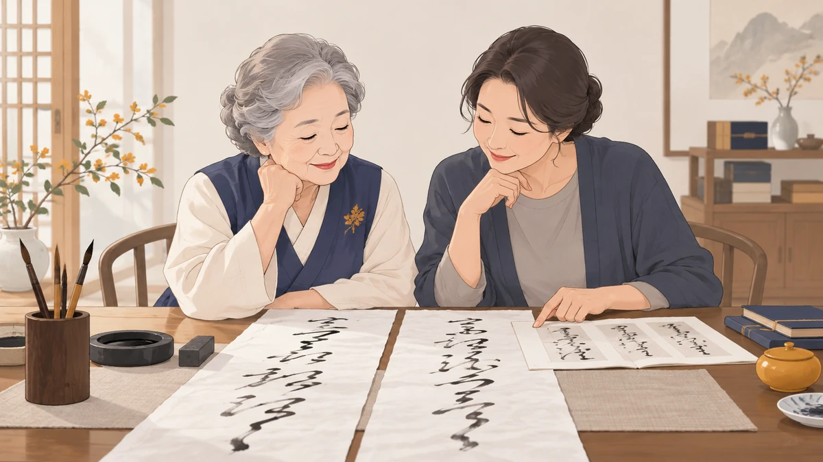 노년 어머니와 중년 딸이 탁자에 한지 두 장과 붓글씨 견본을 펼쳐 놓고 비교하는 모습