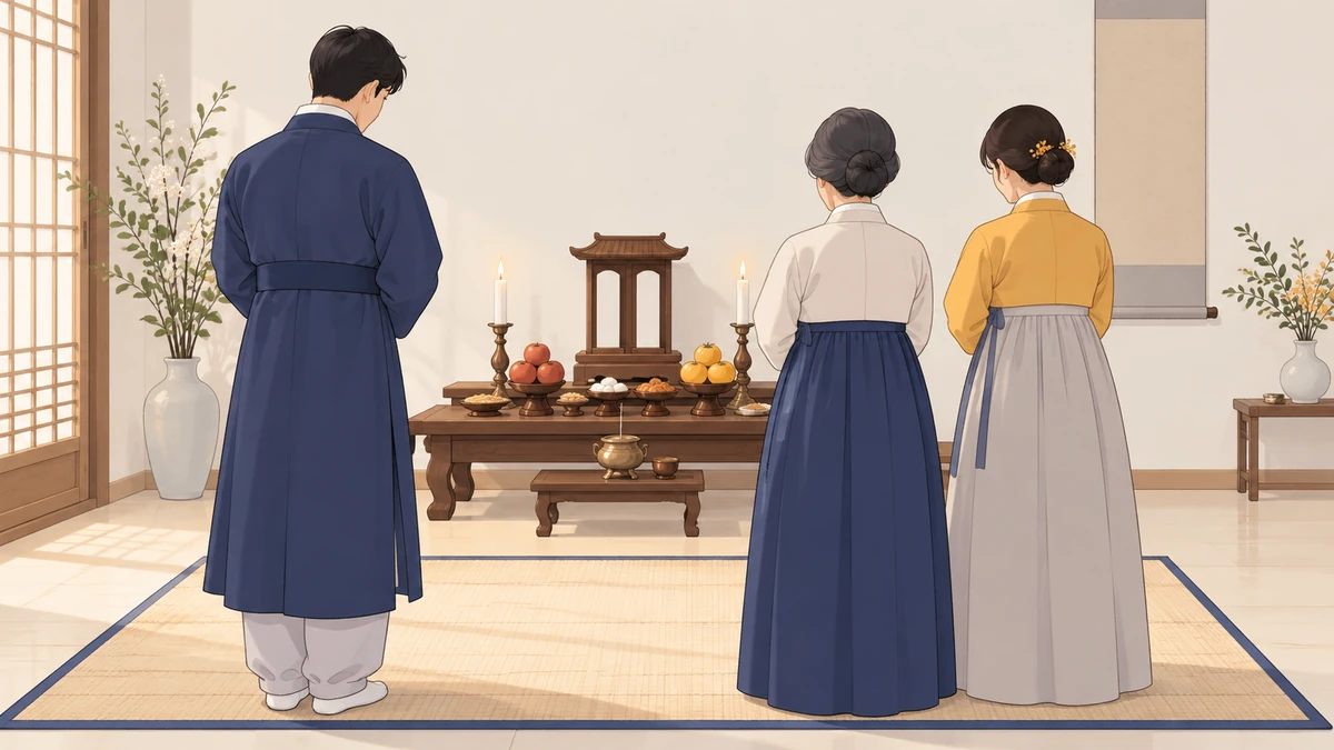 지방틀이 놓인 제사상 앞에 가족 세 사람이 고개를 숙이고 서 있는 뒷모습
