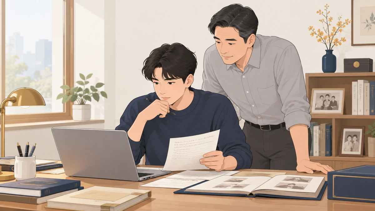 아들이 노트북과 서류를 번갈아 보며 집안 기록을 확인하고 아버지가 옆에서 지켜보는 모습