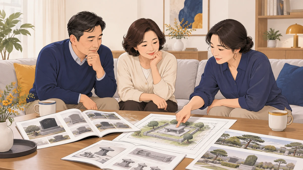 중년 형제자매 셋이 거실 탁자에 석물 안내 책자와 묘 도면을 펼쳐 놓고 상석 자리를 짚어 보는 모습
