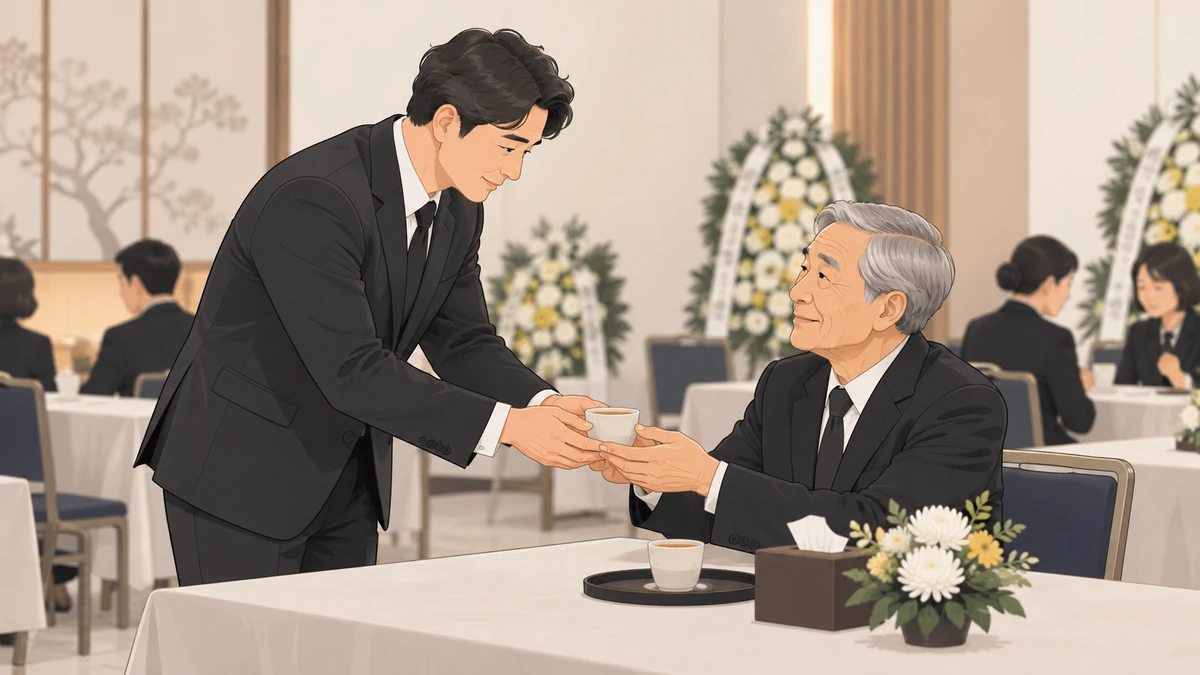 장례식장 접객실에서 사위가 노년의 장인어른께 따뜻한 차를 건네는 모습