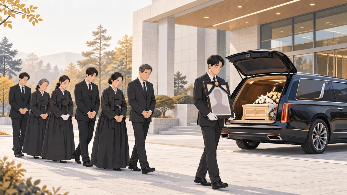 장례식장 앞 운구차 옆에서 영정을 든 사람 뒤로 가족들이 줄지어 서 있는 모습