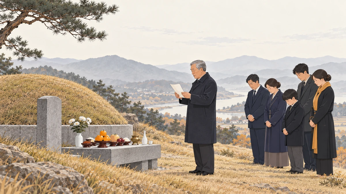 봉분 옆 작은 상 앞에서 노년 남성이 축문을 두 손으로 펼쳐 읽고 가족이 뒤에서 고개 숙인 모습