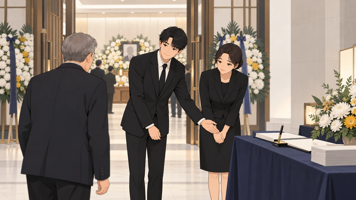 장례식장 빈소 입구에서 검은 정장을 입은 손자와 손녀가 조문객에게 방명록 자리를 안내하는 모습