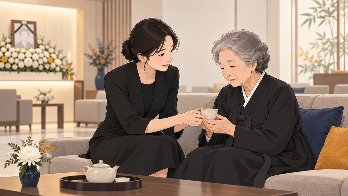 장례식장 접객실에서 손녀가 지친 할머니 곁에 앉아 따뜻한 차를 건네는 모습
