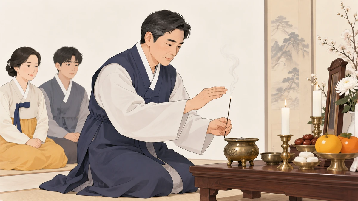 중년 남성이 향안 앞에 무릎을 꿇고 향에 붙은 불을 손으로 가볍게 부채질해 끄는 모습