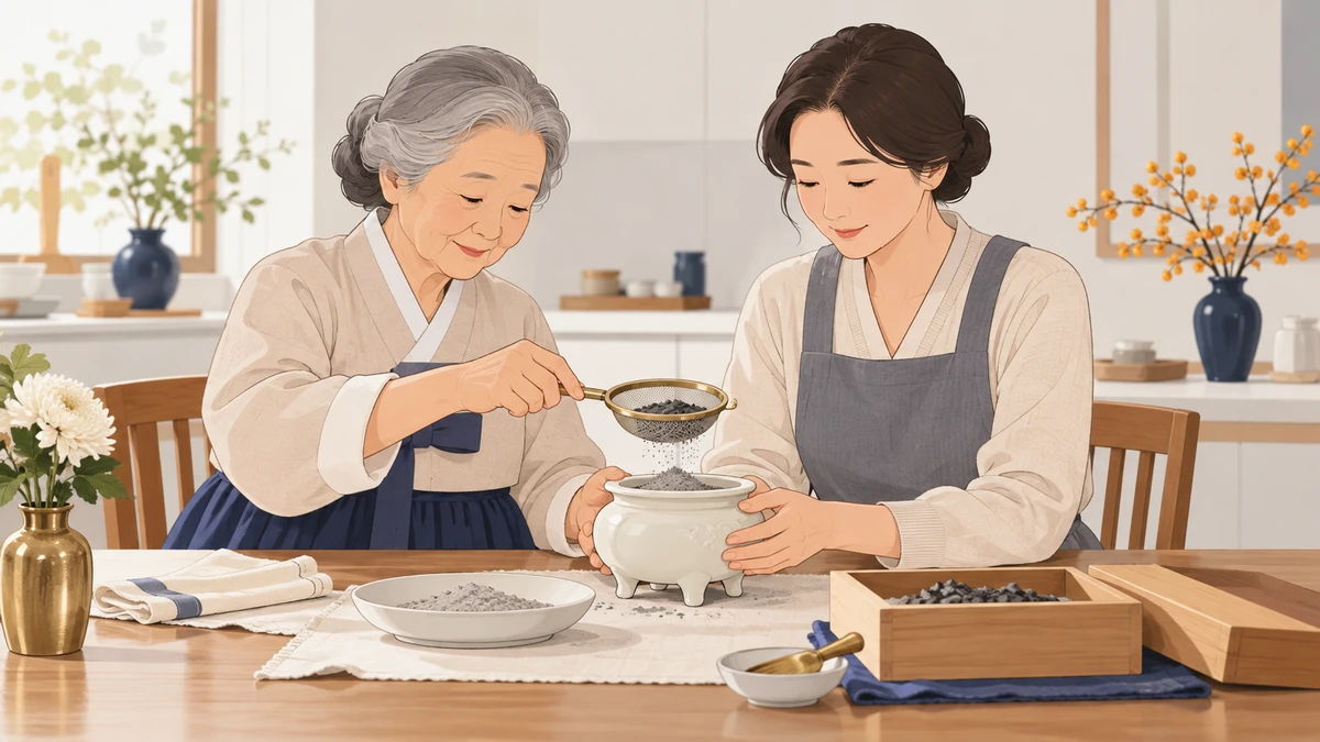 제사를 마친 뒤 할머니와 딸이 함께 향로의 재를 작은 체로 걸러 정리하는 모습