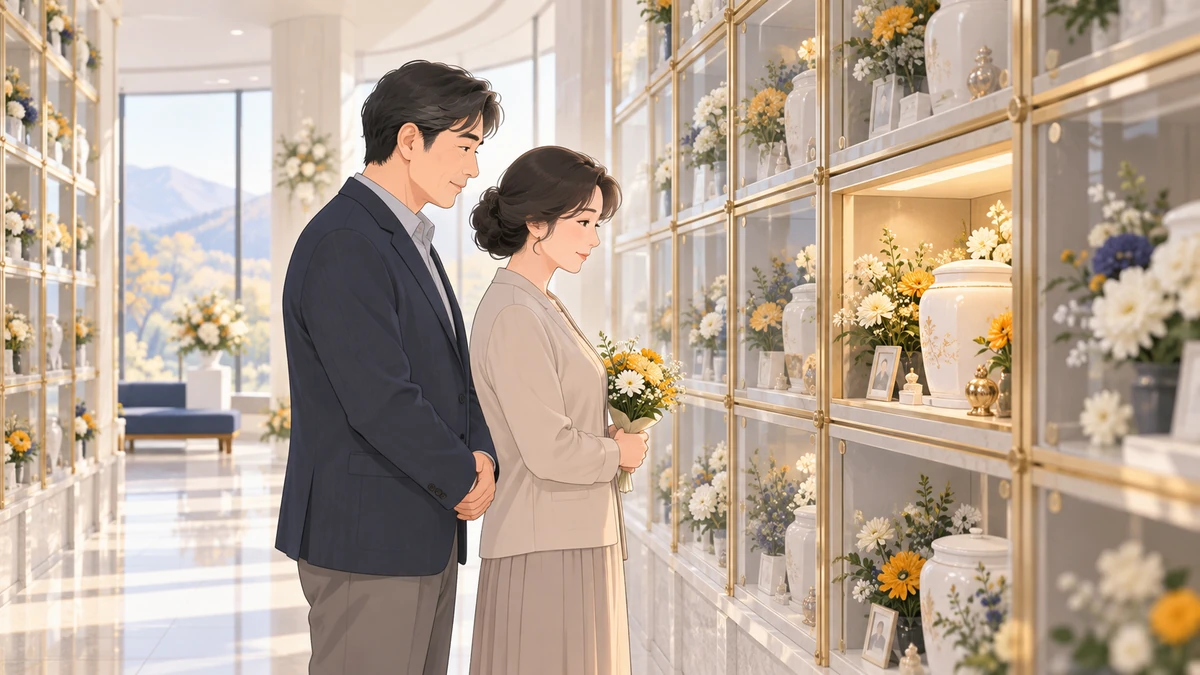 밝은 실내 봉안당에서 중년 부부가 유리문 안치단 앞에 서서 조용히 바라보는 모습