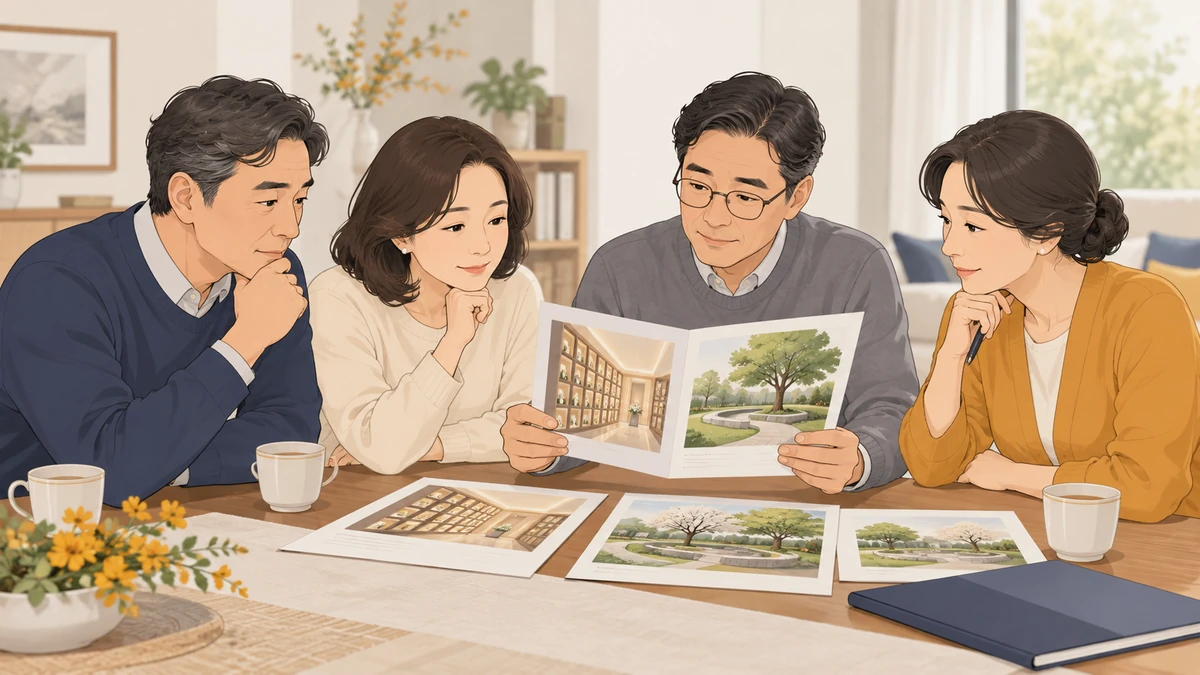 거실 식탁에 둘러앉은 형제자매 네 명이 장지 안내 자료를 펼쳐 놓고 함께 의논하는 모습