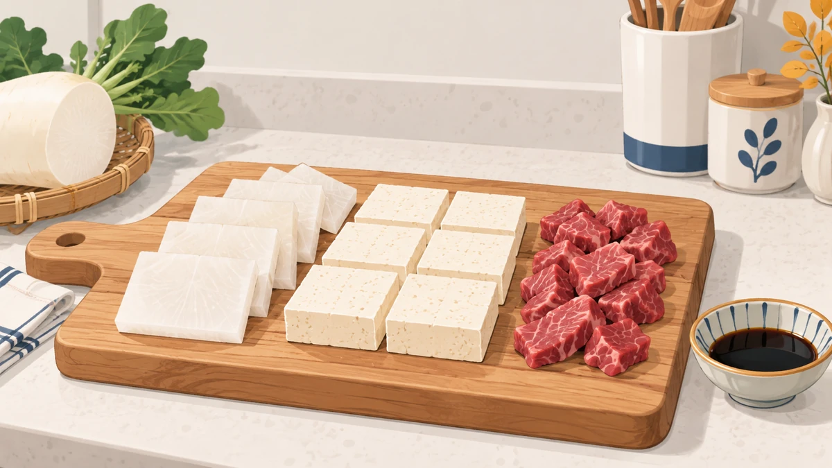 도마 위에 네모나게 썬 무와 두부, 한입 크기 소고기가 가지런히 놓여 있는 모습