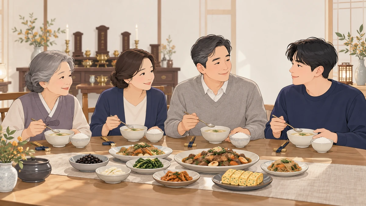 제사를 마친 뒤 가족 네 명이 식탁에 둘러앉아 탕국과 밥을 나눠 먹는 모습