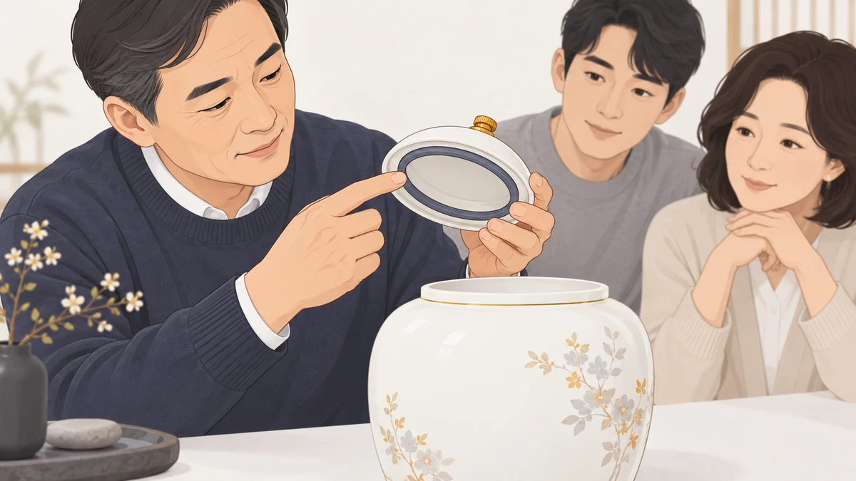 테이블 위 도자기 유골함의 뚜껑 안쪽 고무 패킹과 작은 마개를 손으로 가리키며 살펴보는 모습