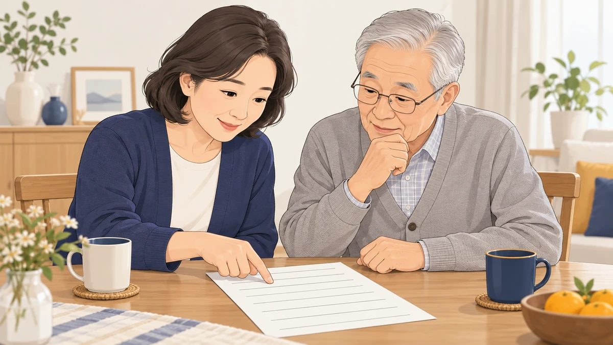 거실 식탁에서 중년 딸과 아버지가 장례 견적서를 함께 보며 유골함 항목을 손가락으로 짚는 모습