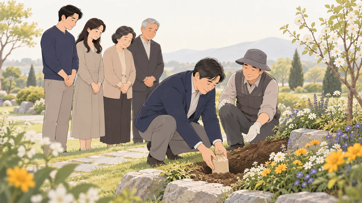자연장지 화단 옆에서 관리 직원이 작은 흙 구덩이를 안내하고 가족이 분해되는 용기를 조심스럽게 내려놓는 모습
