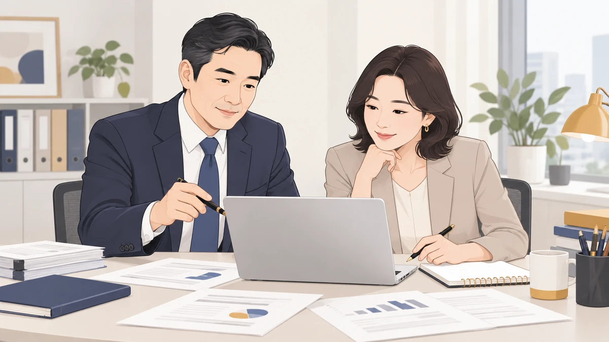 단정한 사무실에서 동료 두 명이 노트북 앞에 앉아 함께 안내문을 정리하는 차분한 장면