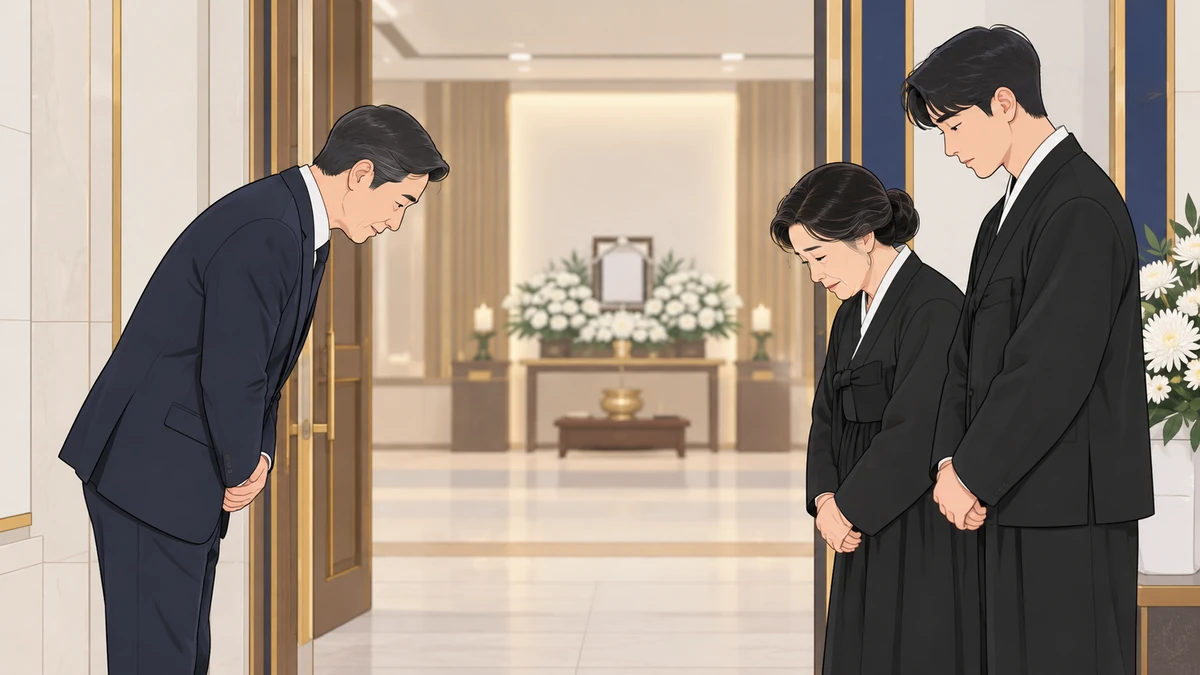 장례식장 빈소 입구에서 정장 차림의 중년 남성이 상주인 가족에게 고개 숙여 인사하는 모습, 국화 장식은 배경에 작게