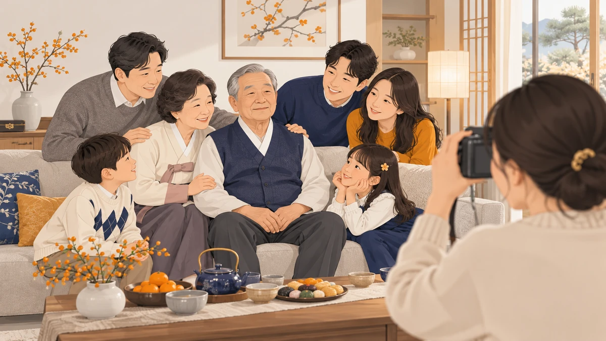 명절에 거실에 모인 3대 가족 가운데 노년 아버지가 소파에 앉아 사진을 찍고 딸이 카메라를 들고 있는 따뜻한 장면