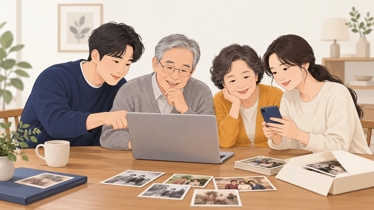 가족이 식탁에 앉아 노트북과 휴대폰으로 부모님 사진 파일을 함께 정리하고 인화된 사진 봉투가 옆에 놓인 모습