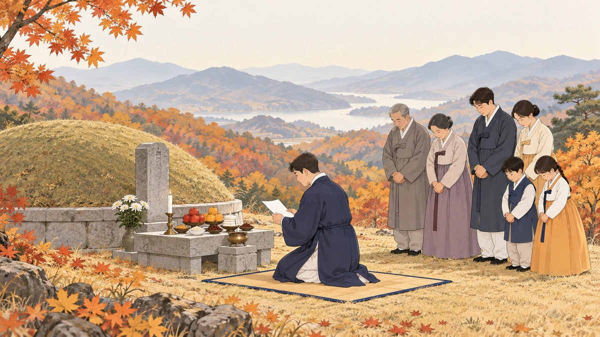 묘소 앞 제사상 곁에 무릎 꿇은 축관이 축문을 읽고 뒤에서 가족 여러 명이 고개 숙여 듣는 모습, 단풍 든 산 배경