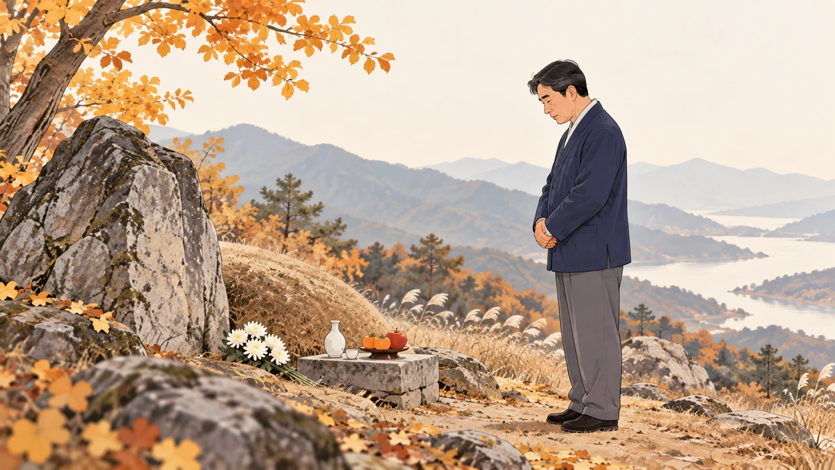 묘소 옆 작은 바위 앞에 술잔과 과일 몇 가지만 올린 간소한 상이 놓이고 중년 남성 한 명이 두 손을 모으고 서 있는 가을 산 풍경