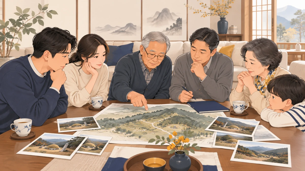 거실 탁자에 둘러앉은 가족 3대가 선산 지도와 사진을 펼쳐 놓고 묘 자리를 함께 의논하는 모습