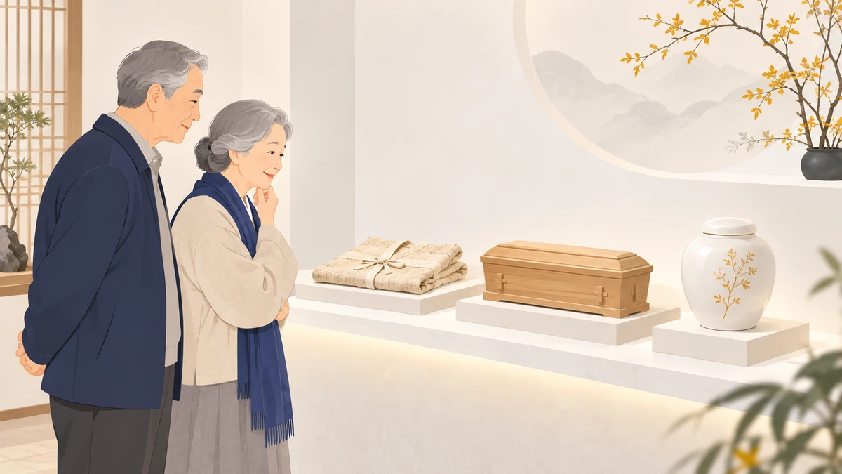 단정한 진열대에 접힌 삼베 수의와 나무 관 모형, 하얀 도자기 유골함이 간격을 두고 놓여 있고 노년 부부가 차분히 바라보는 장면