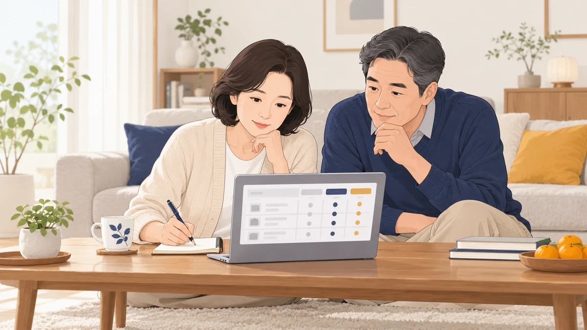 집 거실에서 중년 여성이 노트북 화면의 가격 비교 표를 보며 메모하고 옆에 앉은 남편이 함께 들여다보는 모습