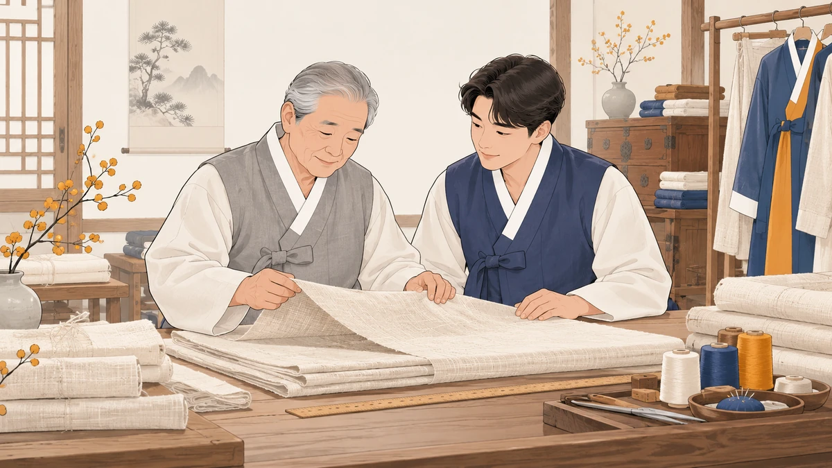 단정한 한복집 작업대 위에 접힌 삼베 수의 옷감과 자, 실이 놓여 있고 노년 아버지와 아들이 옷감을 살펴보는 장면