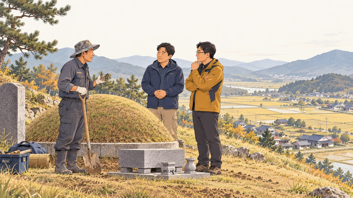 충청도 시골 마을 산자락 묘소 앞에서 작업복 차림의 인부와 중년 형제가 이장 일정을 이야기하는 모습, 멀리 논과 마을 지붕