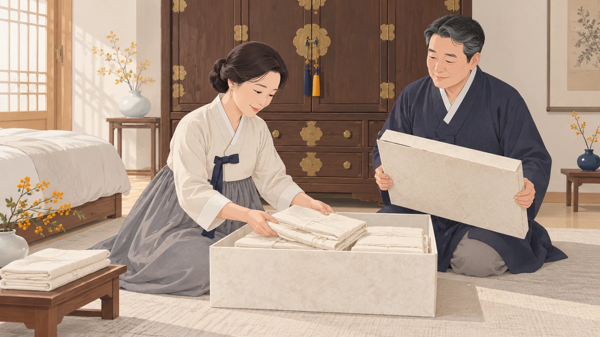 장롱 앞에서 중년 여성이 한지 상자에 곱게 접은 수의를 넣고 남편이 옆에서 상자 뚜껑을 들고 있는 차분한 장면